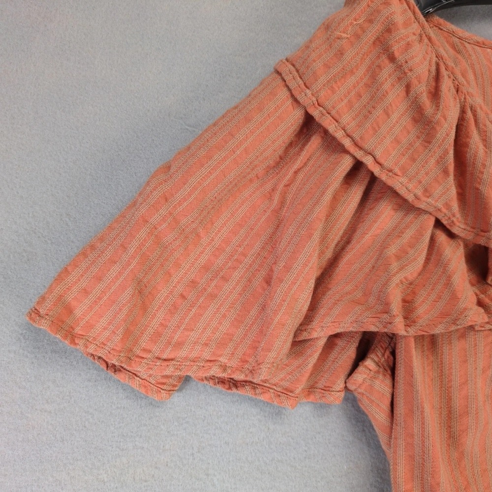 Free People Orange Striped Peasant Crop Top Button Up Shirt Womens M Ruffle Tie - Picture 10 of 10